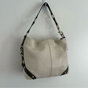 Neutral Cream Leather Shoulder Bag with Dark Gray Trim